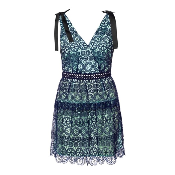 NWT SELF-PORTRAIT Blue Guipure Lace Tie Shoulder Tiered Mini Dress Size 00 - Picture 9 of 13
